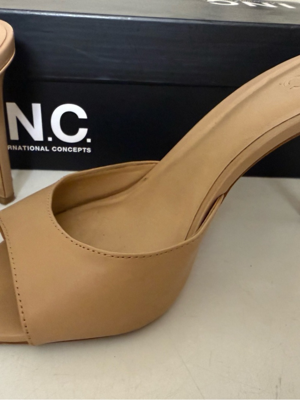 INC International Concepts Nude Tan Pointed Toe Mule Heels with Gold Cap - Picture 4 of 7